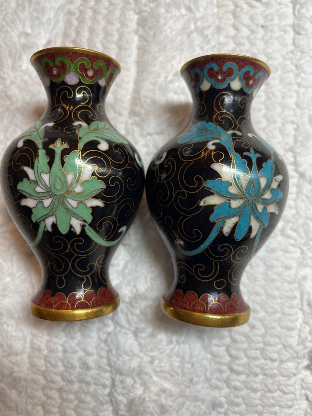 Cloisonné Pair of Black Floral Accent Vases with Green and Blue Details